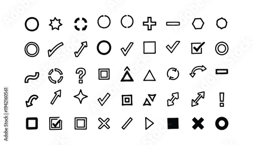 Doodle interface icons set including check marks plus minus signs circles squares and arrows for web design projects hand drawn sketch symbols collection on white background for app ui