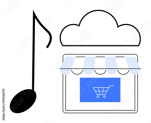 Digital music sales, online shopping, cloud storage, streaming services, e-commerce platforms, consumer technology. A musical note, shopping cart storefront and cloud icon. Digital music sales