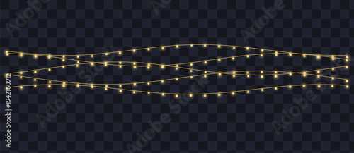 Three wavy garlands of golden glowing string lights illuminate a dark transparent celebration night