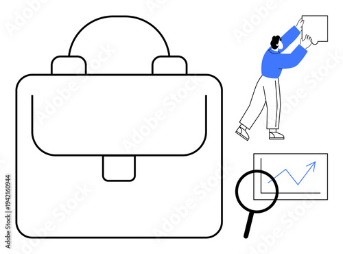 Business concept. Business elements include a briefcase, data graph, and magnifying glass design. Business efficiency, organization, finance, and analysis. Useful for corporate presentations data