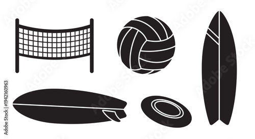 Beach and water sports equipment vector illustration set including volleyball and surfing accessories