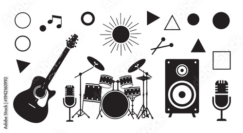 Music instruments and sound equipment illustration with guitar drum set and microphones in black and white design