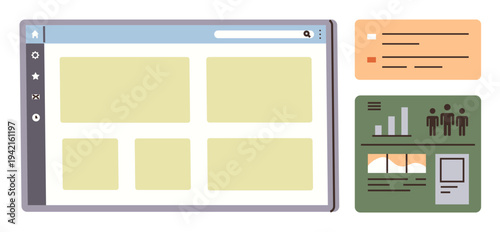 Web design, data visualization, user interface creation, online analytics, website management, digital tools. A dashboard with metrics and UI elements. Data visualization and web design