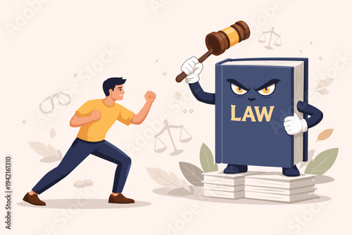Man in Fighting Stance Facing a Giant Angry Law Book Character Holding a Gavel, Concept of Legal Battle, Fighting the Justice System, Litigation, Lawsuit, and Legal Struggle Flat Illustration