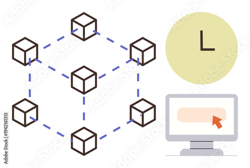 Blockchain technology, digital transactions, time management, online security, data decentralization, workflow efficiency. Visual of connected blocks, a clock, and a computer with a cursor