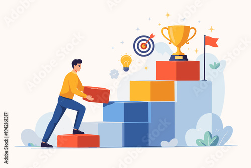 Man Building a Staircase with Blocks to Reach a Golden Trophy, Concept of Career Growth, Goal Achievement, Business Success, Progress, Motivation, and Personal Development Flat Vector Illustration.
