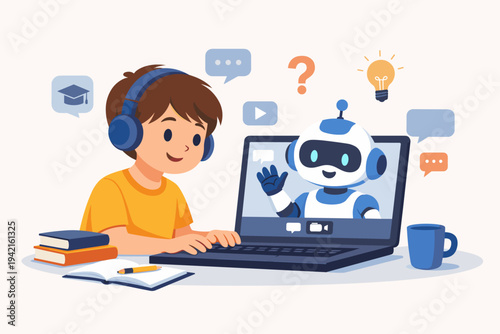 Boy using laptop for online education with AI robot tutor, wearing headphones and studying at desk with books and notebook, flat vector illustration of digital learning and STEM technology.