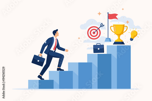 Businessman climbing up steps to career success with trophy, target, and lightbulb. Flat vector illustration of professional growth, achievement, motivation, leadership, and business goals.