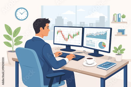 Professional Businessman or Stock Market Trader Working at an Office Desk with Dual Monitors Displaying Financial Data Charts, Candlestick Graphs, and Analytics in a Modern Flat Vector Style.