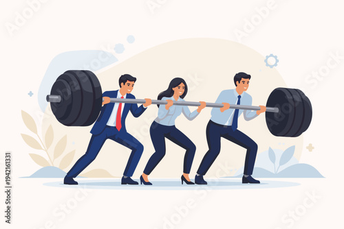 Business Team of Professional Men and Woman Lifting a Heavy Barbell Together, Concept of Teamwork, Collaboration, and Collective Effort to Overcome Challenges and Achieve Success in Corporate