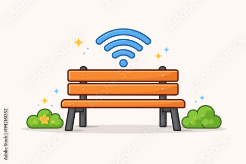 Vector Illustration of a Wooden City Bench with a Blue Wi-Fi Icon Floating Above It, Representing Public Internet Access and Smart City Connectivity in a Park Setting with Bushes and Sparkles.