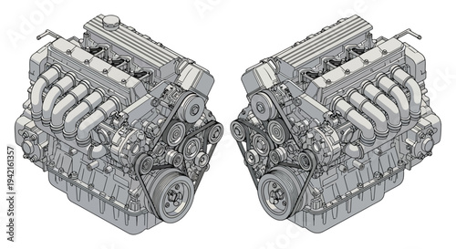 V8 Car Engine Blueprint – Technical Automotive Illustration Vector