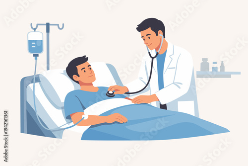 Vector illustration of a professional male doctor in a white coat using a stethoscope to examine a male patient lying in a hospital bed with an IV drip during medical treatment in a clinic.