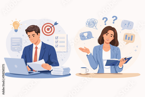 Focused Businessman Working on Laptop with Goal and Idea Icons vs Confused Businesswoman Overwhelmed with Questions and Data, Productivity and Mental State Business Vector Illustration.