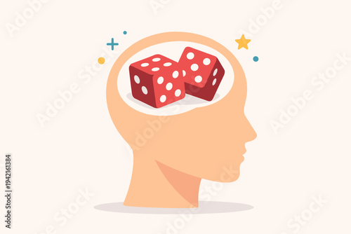 Conceptual vector illustration of a human head profile with red dice inside the brain, representing gambling addiction, risk-taking, chance, decision making, psychology of luck, and gaming habit.