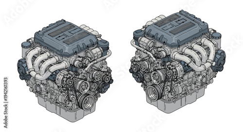 Automotive Engine Technical Illustration - Twin V6 Car Engines Detailed Mechanical Diagram Rendering