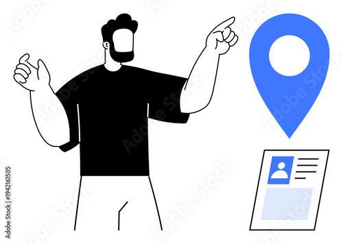 Navigation concept. Minimalistic design of a person interacting with a map pin and ID card, navigation tools and identity verification. Ideal for location, geography, maps, travel, authentication