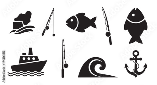Collection of marine icons featuring fish, fishing rods, ships, waves and nautical symbols in black