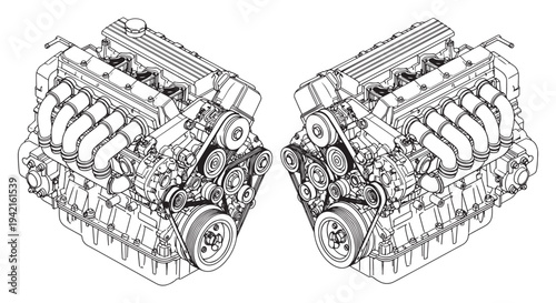 Pair of V8 Car Engines Technical Illustration Showing Automotive Motor Components and Mechanical Details