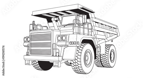 Heavy Mining Dump Truck Line Art Illustration of Large Off-Road Haul Truck for Construction
