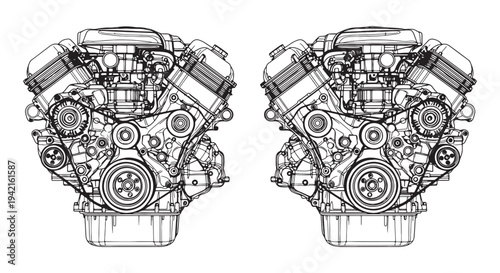 Fotografía Detailed Technical Line Drawing of a V8 Engine Front View Twin Schematic for Aut