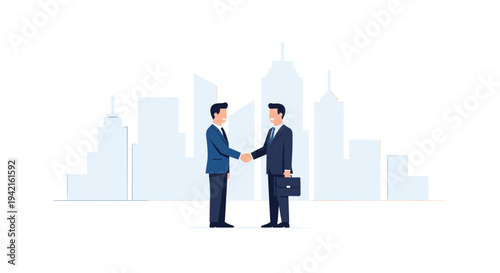 Two professional businessmen in suits are shaking hands firmly in front of a stylized, light blue city skyline on a white background.