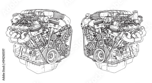 Detailed Technical Wireframe Illustration of a V-Type Car Engine Twin View for Automotive Design