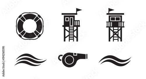 Collection of beach safety icons including lifeguard towers and rescue equipment in simple design