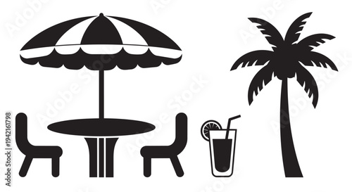 Outdoor patio furniture with umbrella, drink and palm tree in simple graphic illustration style