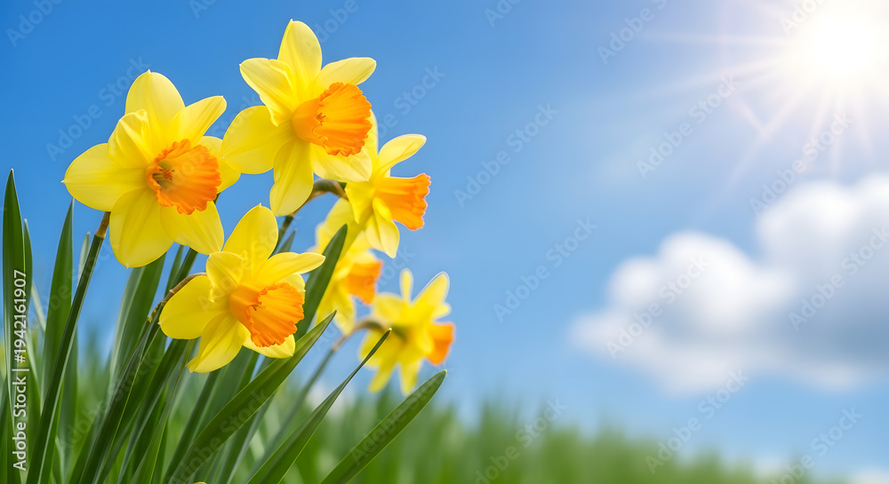 Obraz premium Vibrant easter daffodils blooming under sunny spring skies on easter sunday morning