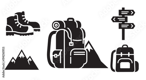 Travel and hiking icons set with backpacks and mountains for adventure tourism