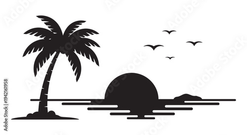 Tropical island paradise with palm tree silhouette and birds flying at sunset scene illustration