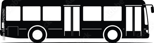 Minimal vector silhouette, city bus side view passenger transport vehicle, solid black, isolated on white background.