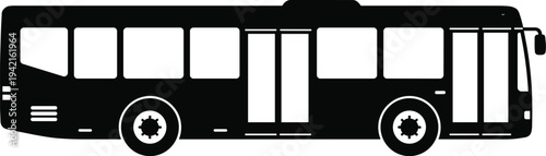 Minimal vector silhouette, city bus side view passenger transport vehicle, solid black, isolated on white background.