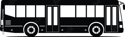 Minimal vector silhouette, city bus side view passenger transport vehicle, solid black, isolated on white background.