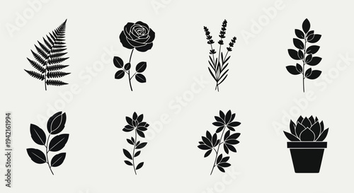A collection of eight different types of plants and flowers in a grid layout