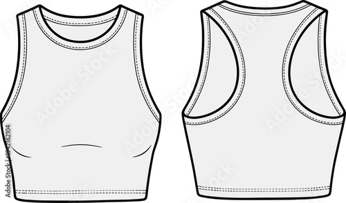 Women cropped tank top technical fashion template, front and back view athletic sports bra style garment outline vector mockup isolated on white background
