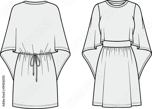 Women boho cape sleeve dress technical fashion flat sketch, front and back view, loose fit waist tie and belted version apparel design illustration