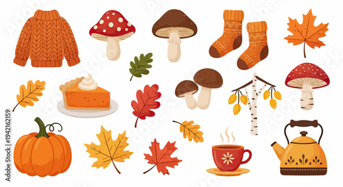Coleção aconchegante de elementos do outono, incluindo suéter, cogumelos, folhas coloridas, abóbora, torta e chá quente, em fundo branco.