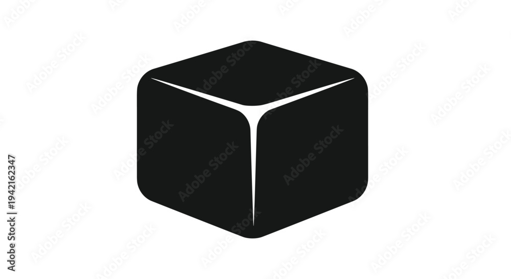 Fototapeta premium A single solid black cube with subtly rounded edges features three distinct white lines converging at its visible front corner.