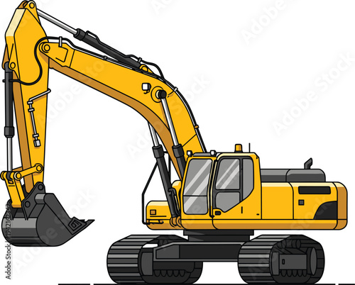 Yellow hydraulic excavator construction machine illustration, heavy equipment digger vehicle with bucket and crawler tracks, industrial engineering machinery isolated on white background vector