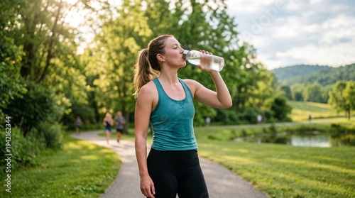 A woman drinking water from a bottle on a park path during a workout