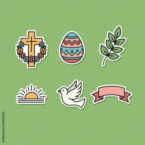 Religious Easter Sticker Icon Set with Cross, Dove, Olive Branch, and Sunrise, Christian Holiday Symbols Collection in Flat Design, Spiritual Easter Sunday Illustration on Green Background