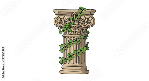 A light brown classical Ionic column, adorned with a carved flower and scroll volutes, is tightly wrapped by a thick green ivy vine.