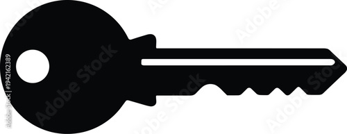 Minimal vector silhouette, classic house key with round head and teeth, solid black, isolated on white background.