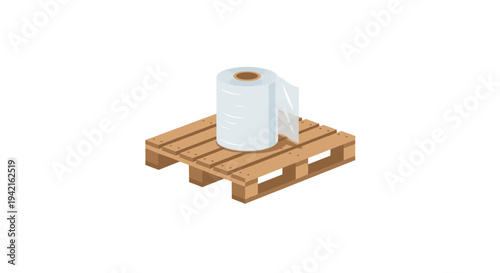 A large roll of clear plastic stretch film, with an unwrapped edge, rests on a wooden shipping pallet on a white background.