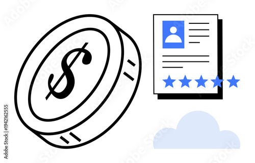 Dollar coin, feedback sheet with star ratings, and cloud symbol representing digital payments, customer feedback, financial services, cloud storage, and online reviews. Ideal for fintech projects