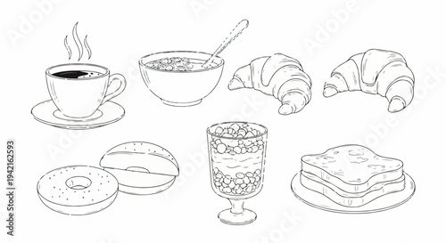 Ilustração vetorial de café da manhã em preto e branco com café, cereais, croissants, bagels, parfait e torradas, ideal para designs matinais.