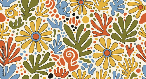 Padrão floral orgânico sem costura em estilo abstrato Matisse, com flores estilizadas, folhas e formas botânicas em tons terrosos e vibrantes.