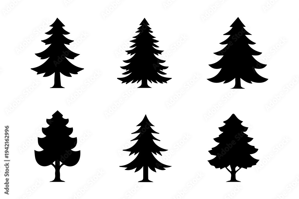 Obraz premium Six stylized silhouettes of evergreen trees in varying sizes and shapes